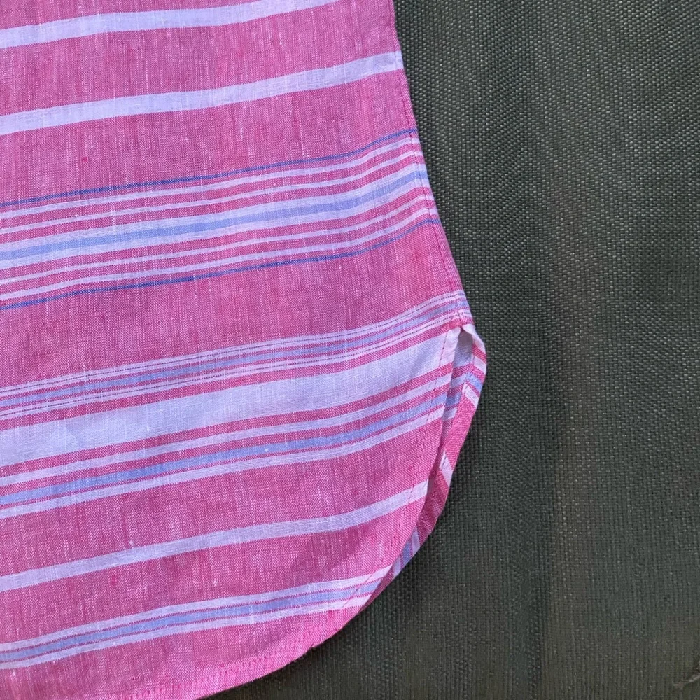 Talbots Linen Popover Top Pink Stripe Short Sleeve V Neck; Size: Medium - Picture 6 of 9